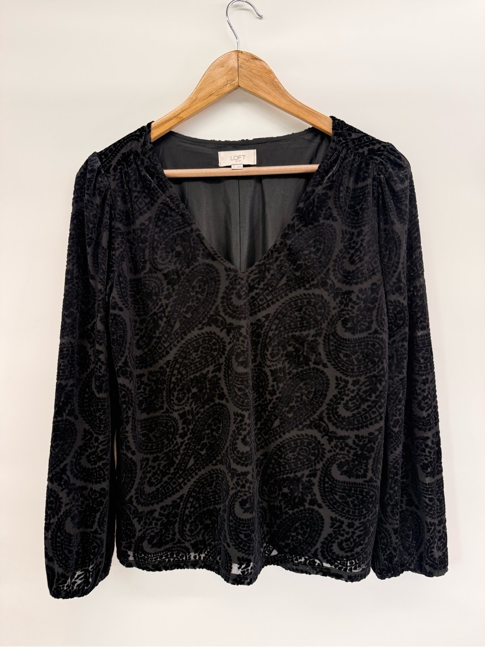Loft Velvet black paisley long sleeve top M
